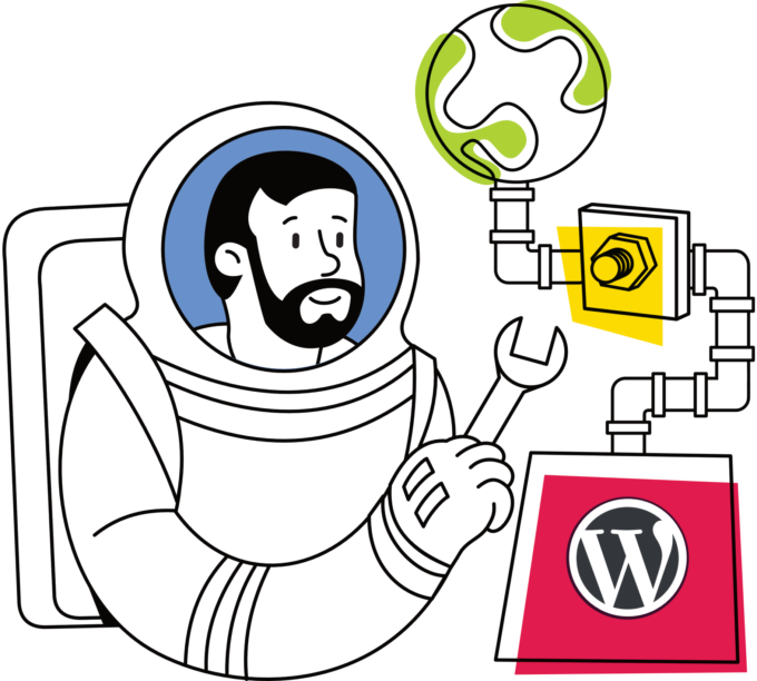 A WordPress expert in a spaceship suite connecting your WordPress website with the World