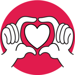 Two hands forming a heart on a red background